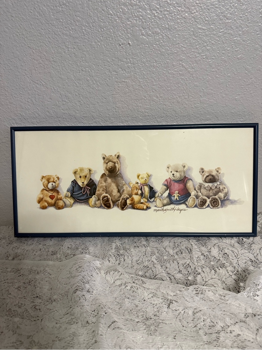 Vintage Martha Smith Haynes Teddy Bear Row Framed Wall Art - Blue Frame